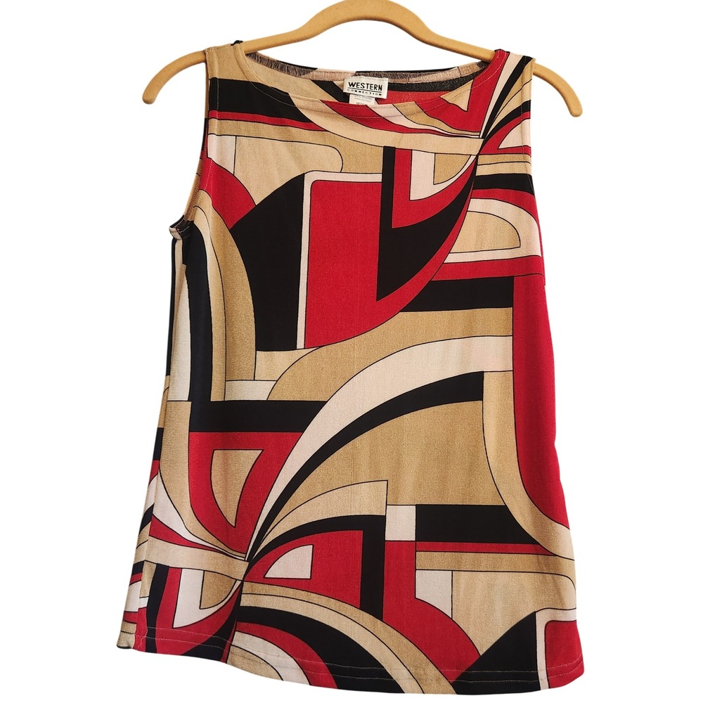 Western Connection Tank Womens Medium Red Tan Geometric Abstract Excellent USA